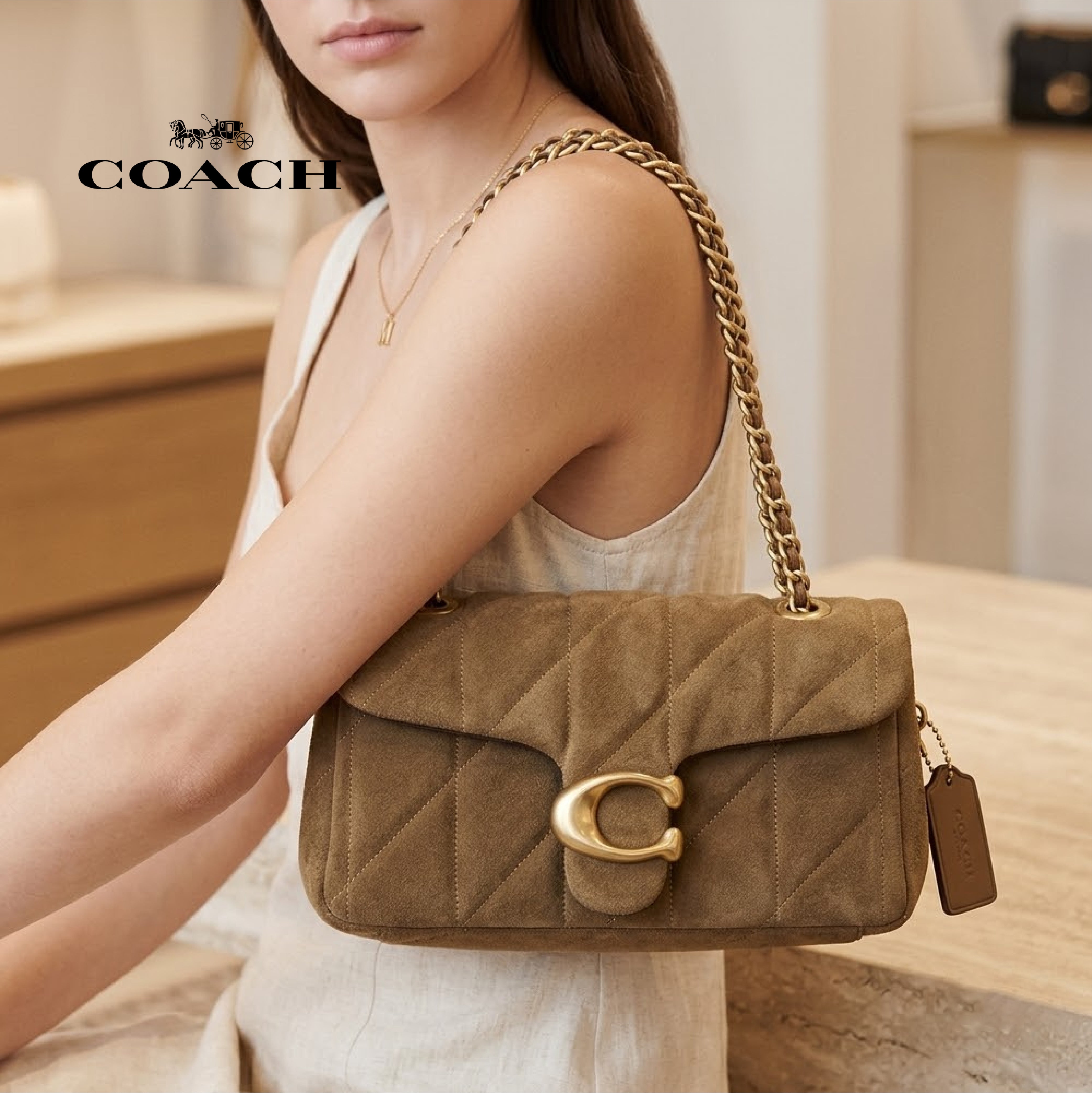 Women's COACH Quilted Shoulder Bag in Suede